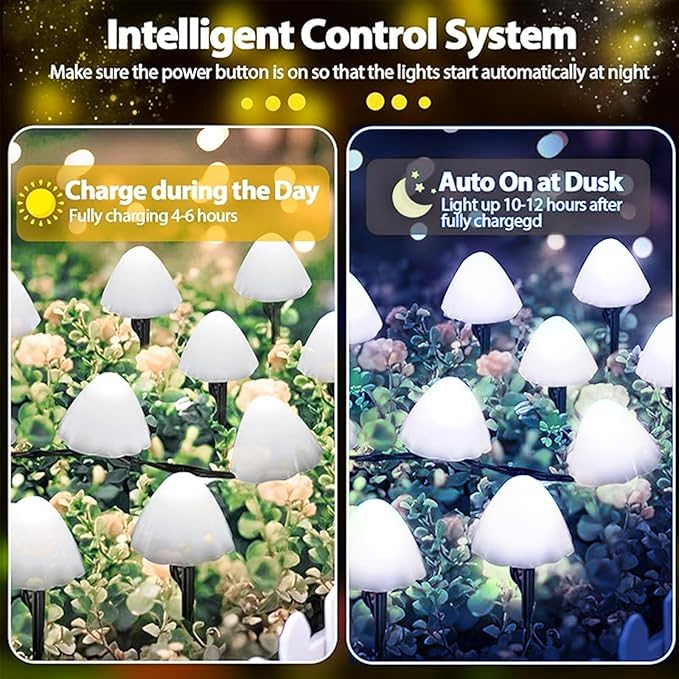 OZS 2PK 32LED 55FT Mushroom Solar Garden Lights Outdoor, Solar String Lights Waterproof with 8 Lighting Modes, Solar Garden Decor for Outside, Pathway Light for Yard Decoration (Cool White)