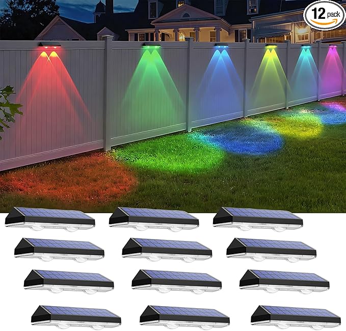 Solar Fence Lights Outdoor - Warm White & RGB 6 Color, Dusk to Dawn Solar Deck Light, Solar Lights Outdoor IP65 Waterproof, Garden Lights for Outside/Backyard/Railing/Step/Patio/Wall (12 pack)