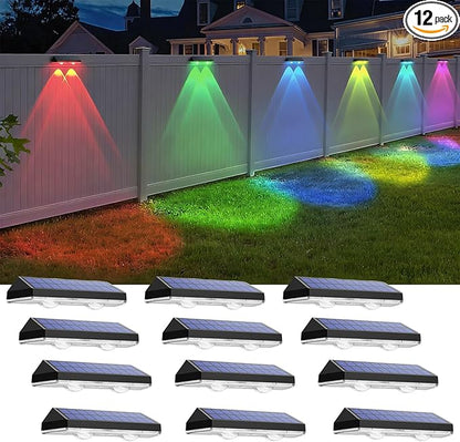 Solar Fence Lights Outdoor - Warm White & RGB 6 Color, Dusk to Dawn Solar Deck Light, Solar Lights Outdoor IP65 Waterproof, Garden Lights for Outside/Backyard/Railing/Step/Patio/Wall (12 pack)