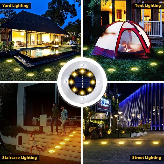 12 Pack 8LED Solar Garden Lights Outdoor Waterproof Sidewalk Disk Bright In-Ground Landscape Lighting for Lawn Patio Pathway Yard Steps Deck Walkway (Warm White) (12 Packs)