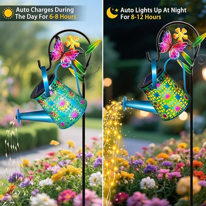 Solar Lights Outdoor Decorative, Blue Metal Solar Watering Can Lights Waterproof, Gifts for Women Mom Grandma Birthday, Hanging Lantern Decoration Garden Decor Yard Light for Outside Patio Lawn Porch