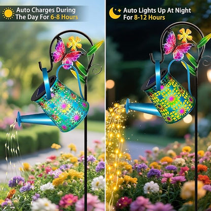 2 Pack Solar Lights Outdoor Decorative, Blue Metal Solar Watering Can Lights Waterproof, Gifts for Women Mom Grandma Birthday, Hanging Lanterns Decoration Garden Decor for Outside Yard Patio Lawn