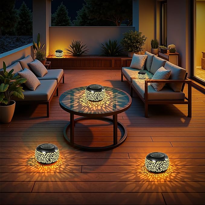 2 Pack Solar Lanterns Outdoor Waterproof Lights, Black Hollow Out Metal Table Light, Unique Gardening Gifts for Women Mom, Outside Garden Yard Balcony Indoor Tabletop Decorations, 2 Modes