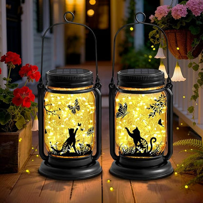 Cat Solar Lanterns, Outdoor Hanging Solar Lantern with Stake, Birthday Gifts for Mom, Grandma, Women Cat Lovers, Black Cat Butterfly Mason Jar Waterproof Lights for Yard Lawn Garden Decor