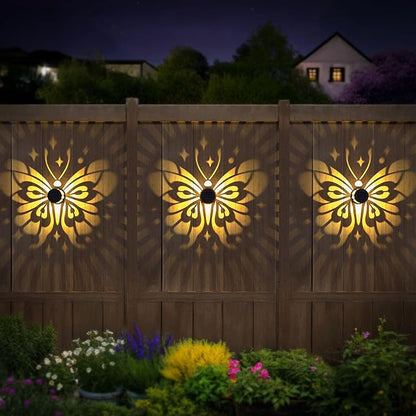 Solar Fence Lights 2 Pack Outdoor Deck Step Wall Lights Metal Waterproof LED Warm Yellow Light for Garden Post Patio Backyard Yard Decor (Butterfly-Star, 2)
