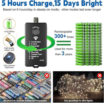 HXWEIYE Rechargeable Fairy Lights with Remote, 2 Pack 33ft 100LED Twinkle Lights with DIY Timer & Light Sensor, Waterproof Outdoor String Lights for Bedroom Patio Christmas Tree Decor, Blue