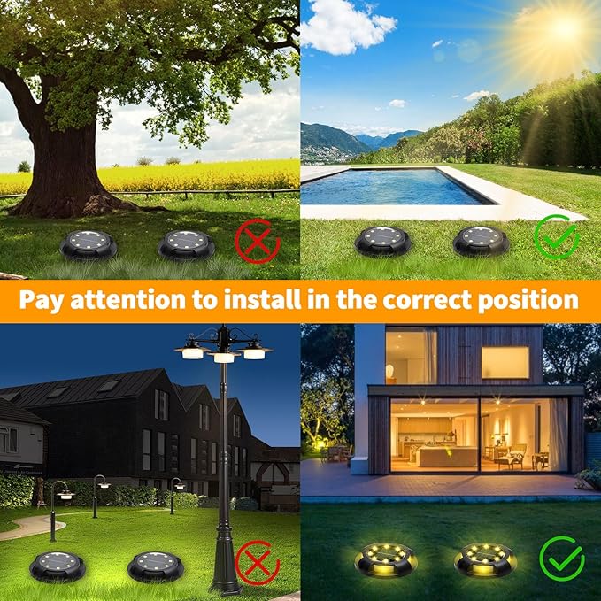 Solar Ground Lights, 8 Pack 12 LED Solar Disk Lights Outdoor Waterproof In-Ground Landscape Lighting for Garden Pathway Yard Lawn Patio Deck Driveway Walkway Outside Decor (Warm White)
