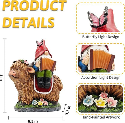 Christmas Garden Gnomes Outdoor Statues: 8'' Solar Light Gnome Decor on Highland Cow Play The Accordion Unique Birthday Gifts for Women Mother Grandma