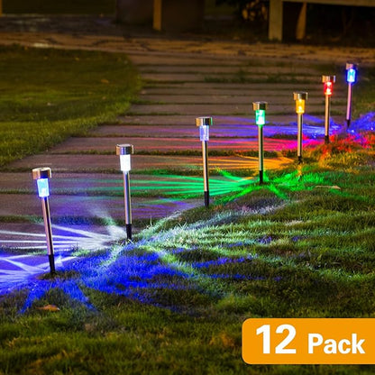 Solar Lights Outdoor - Garden Landscape Pathway Lights for Lawn Patio - Stainless Steel, 12 Pack (6 Colors)