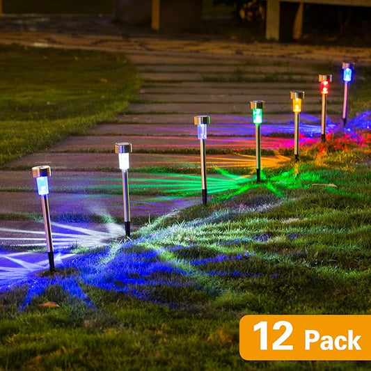 Solar Lights Outdoor - Garden Landscape Pathway Lights for Lawn Patio - Stainless Steel, 12 Pack (6 Colors)
