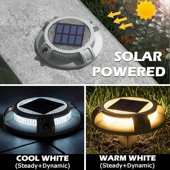 SIEDiNLAR Solar Driveway Lights Outdoor 4 Modes 40 LEDs Dock Driveway Markers Deck Light Waterproof for Step Ground Walkway Pathway Yard Garden, White/Warm Dynamic Lighting (12 Pack)