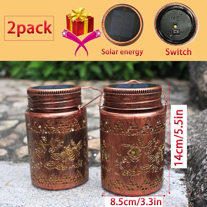 Bee Solar Lanterns 2pack Outdoor Waterproof Hanging Solar Lights Bee Gifts for Women Men Metal Decorative LED Lanterns for Yard, Patio, Lawn, Tabletop, Pathway, Landscape, Garden Decor(Bee 2pack)