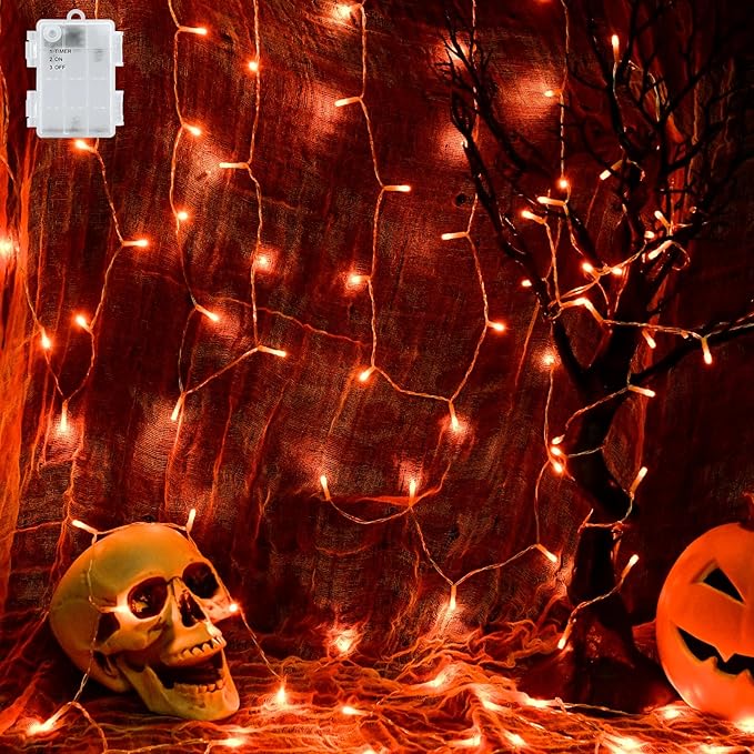 Halloween String Lights Battery Operated With Timer - 9.8ft 30LED Orange Waterproof Lights for Outside Decorations, Party, Yard, Pathway, Indoor and Outdoor