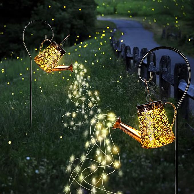 Solar Garden Watering Can Lights with Cascading Lights, 2 Pack Outdoor Hanging Lanterns for Garden Decor,Fairy Gardening Gifts for Mom Birthday, Perfect for Patio Yard Pathway