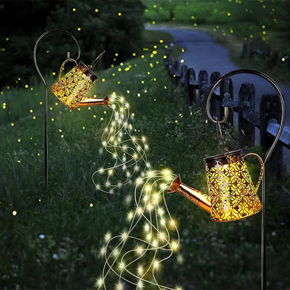 Solar Garden Watering Can Lights with Cascading Lights, 2 Pack Outdoor Hanging Lanterns for Garden Decor,Fairy Gardening Gifts for Mom Birthday, Perfect for Patio Yard Pathway