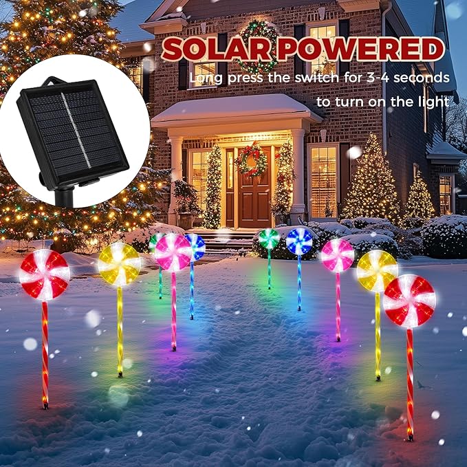 Outdoor Christmas Decorations Solar Pathway Lights, Set of 10 Lollipops Peppermint Stake Lights, 8 Modes Candy Cane Walkside Lights, Outdoor Xmas Decoration for Walkway,Yard (10PCS-Multi)
