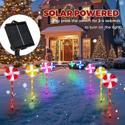 Outdoor Christmas Decorations Solar Pathway Lights, Set of 10 Lollipops Peppermint Stake Lights, 8 Modes Candy Cane Walkside Lights, Outdoor Xmas Decoration for Walkway,Yard (10PCS-Multi)