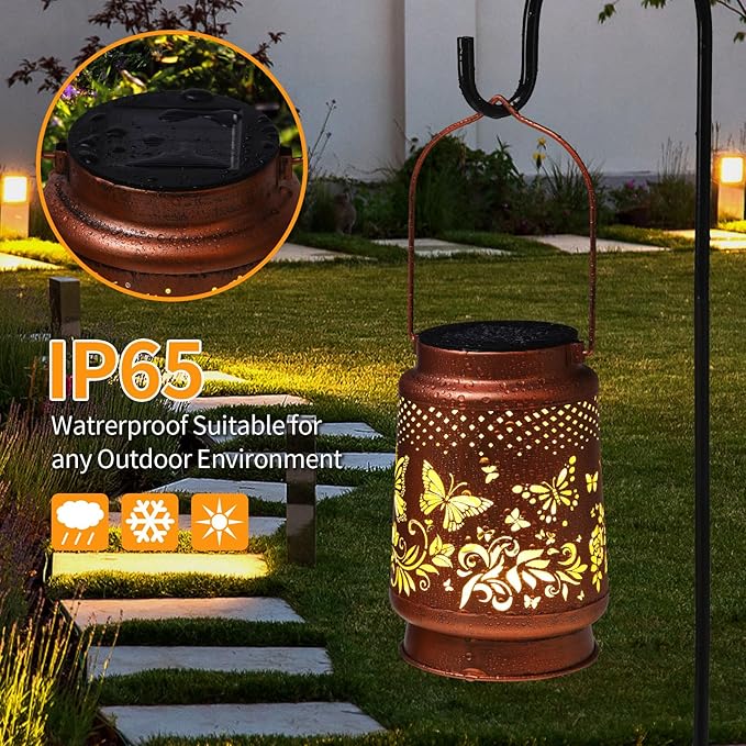 Solar Lanterns Outdoor Waterproof Butterfly Garden Decor Birthday Gifts for Women Mom Grandma, Hanging Solar Lights Metal Lantern Decoration Outside for Yard, Patio, Backyard, Porch