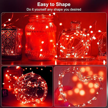 echosari 2 Pack Red Fairy Lights Battery Operated 200 LED 66Ft Silver Wire Starry String Lights Auto Timer 8 Modes Waterproof Mini Fairy Lights for Outdoor Indoor Garden Wedding Decor (Red)