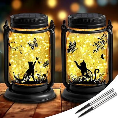 Cat Solar Lanterns 3-IN-1 Outdoor Waterproof - Birthday Gifts for Cat Lovers Women Mom Christmas, Mason Jar Hanging Lanterns with Stake, Garden Decor Lights for Patio Yard Balcony Decorations, 2 Pack