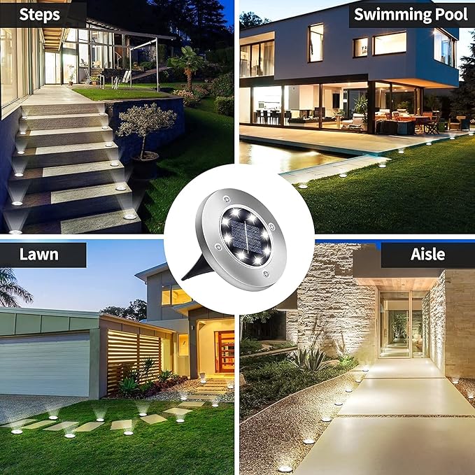 Aogist 12 Pack Solar Disk Lights - 8 LED In-Ground Outdoor Landscape Lights for Pathway, Yard, Walkway, Patio, Lawn Path (Cold White)