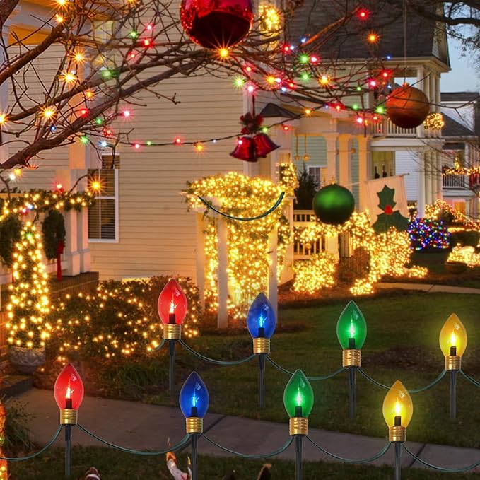 Jumbo Christmas Pathway Lights Outdoor, 7FT 4Pcs Multicolor LED Connectable Plug in Walkway Lights for Driveway, Yard, Fence Decor, Green Wire, Waterproof & UL Listed