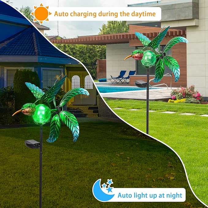 Bshine Hummingbird Solar Light Wind Spinner Outdoor Garden Decoration, Waterproof Garden Stake with Cracked Glass Ball, Gift for Mom, Lawn Ornaments for Pathway, Patio, Yard Decor Outdoor