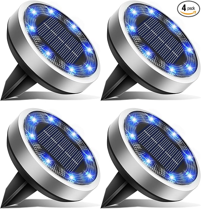 4-Pack Solar Ground Disk Lights, Blue Waterproof LED