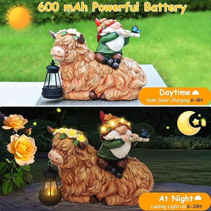 WINTS Solar Highland Cow Gnome Light Outdoor Statues, Christmas Highland Cow with Lantern for Lawn Yard Outdoor Garden Decorations, Heartwarming Gift for Mom & Women
