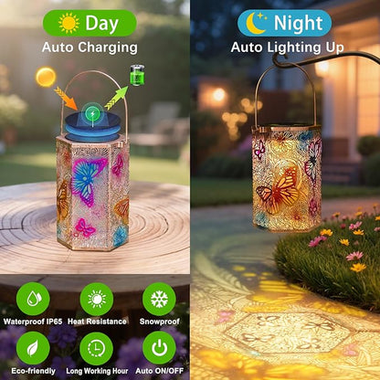 2Pack Solar Lanterns Outdoor Waterproof Butterfly Gifts for Women, 3D Colorful Solar Garden Yard Lanterns, Gardening Gifts for Women, Mothers' Day GIFS Mom, Birthday Gifts