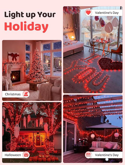 Hopolon Valentines Day Decorations String Lights, 33 FT 100 Led Red Christmas Lights Outdoor Waterproof,8 Modes Clear Wire Twinkle Fairy Light Plug in for Indoor Bedroom Party Wedding,100 LED,Red
