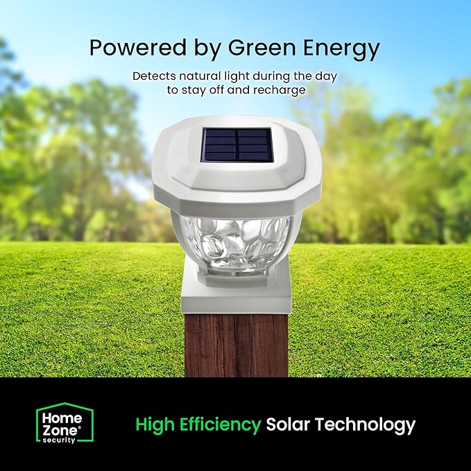 Home Zone Security Solar Post Cap Lights - Decorative Glass LED Outdoor 4x4 (3.5 x 3.5 in.) Post Lights, White (2-Pack)