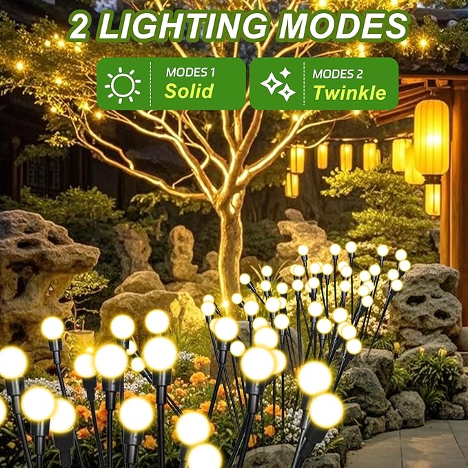 2 Packs Firefly Lights Solar Outdoor, 16 LED Warm Solar Walkway Lights Outdoor, Waterproof Garden Decor with 2 Modes, Lawn Lights for Front Yard Backyard Yard and Pathway