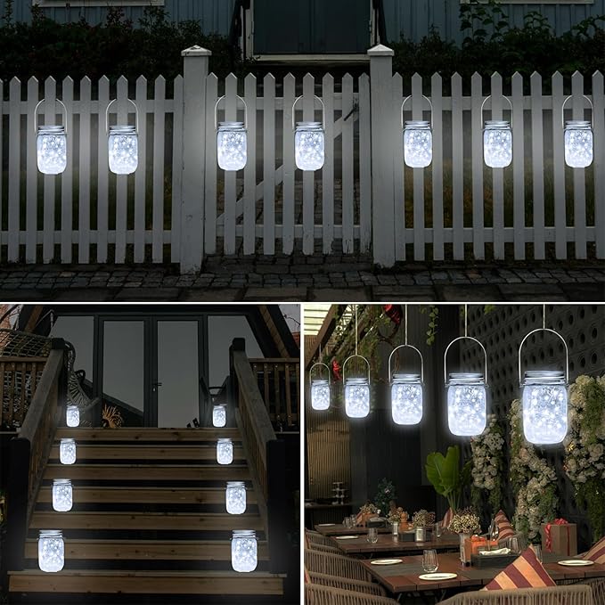 SmilingTown Solar Mason Jar Lights 10 Pack 20 LED Waterproof Outdoor Fairy Firefly String Light Lids with 10 Hangers Rust Resist for Patio Lawn Garden Wedding Lantern Decor No Jars (Cool White)