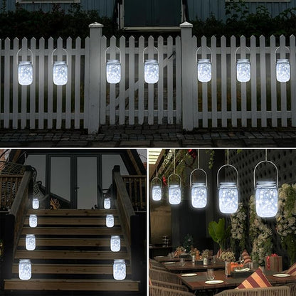 SmilingTown Solar Mason Jar Lights 10 Pack 20 LED Waterproof Outdoor Fairy Firefly String Light Lids with 10 Hangers Rust Resist for Patio Lawn Garden Wedding Lantern Decor No Jars (Cool White)