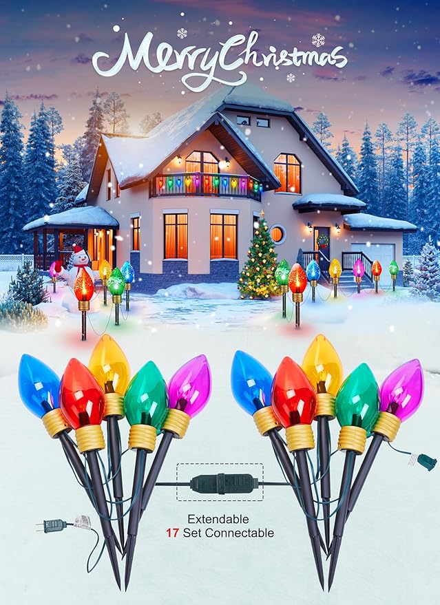 Jumbo C9 Christmas Pathway Lights Outdoor - 8.5 Feet 5 LED C9 Walkway Light, C7 Light Covered Jumbo Multicolor Bulb Christmas Lights Outdoor Decorations for Lawn Holiday Outside Yard Garden