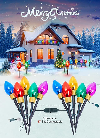 Jumbo C9 Christmas Pathway Lights Outdoor - 8.5 Feet 5 LED C9 Walkway Light, C7 Light Covered Jumbo Multicolor Bulb Christmas Lights Outdoor Decorations for Lawn Holiday Outside Yard Garden