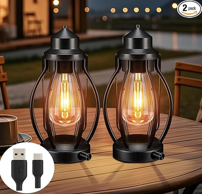pearlstar Rechargeable Battery Operated Lantern 2 Pack Black Vintage Portable LED Decorative Camping Lamps Outdoor & Indoor, Dimming Warm Light with Timer, for Table Patio Garden Yard Pathway Porch