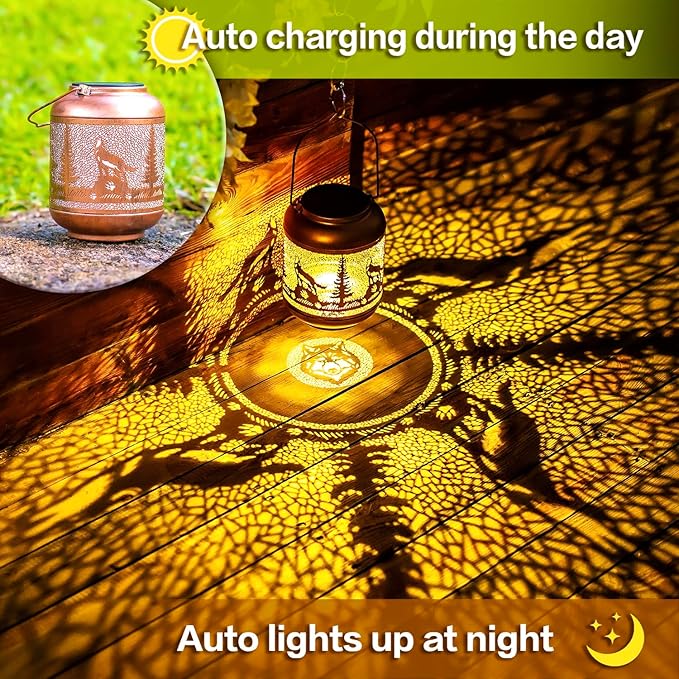Wolf Solar Lanterns Outdoor Waterproof Hanging Solar Lights Wolf Gifts for Men/Women/Wolf Lovers Gifts Metal Decorative LED Wolf Lanterns for Garden Decor,Patio,Lawn,Pathway,Yard