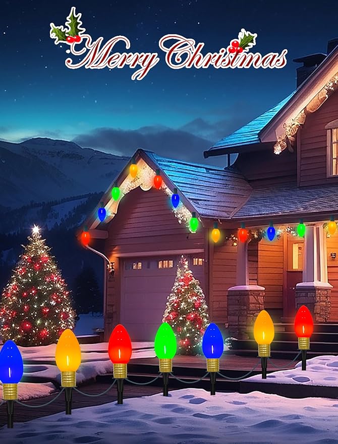 C9 Christmas Pathway Stake Lights, 7Ft String Lights with 4 Jumbo C9 Multicolor LED Bulbs, Stake, Christmas Decorations for Outdoor Garden Walkway