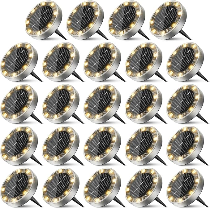 24-Pack Solar Ground Disk Lights, Warm White Waterproof LED