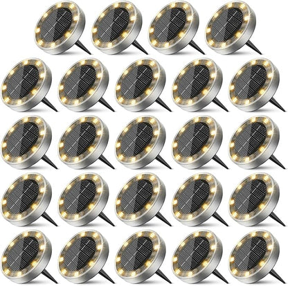 Peasur Solar Ground Lights Outdoor, 24 Pack Flat Solar Powered Disc Lights, IP68 Waterproof, Anti-Rust, Landscape Lighting for Pathway Garden Yard Lawn Walkway Landscape Driveway, Warm White