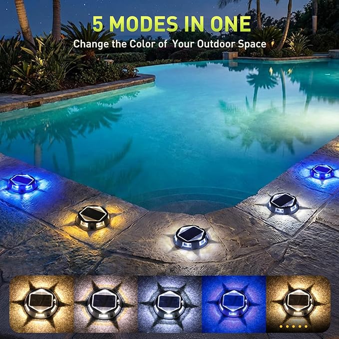 AGPTEK 5 in 1 Solar Driveway Lights Outdoor with Ground Spikes, IP67 Waterproof Solar Lights with 5 Modes (Blue/White/Warm/Mixed/Flashing) for Deck, Stairs, Pathway, Garden, Patio(Hexagon, 12 Pack)