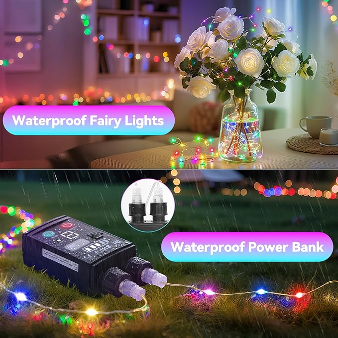 Lakumu 2-in-1 Rechargeable Fairy Lights Battery Operated, 132FT(2×66) Twinkle Lights with Remote & Timer, 400 LED String Lights for Bedroom Waterproof Outdoor Camping, Christmas Decorations Multicolor