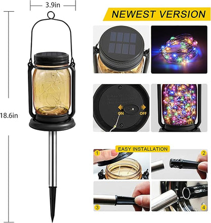 4 Pack Hanging Solar Lantern Lights, 30LED Vintage Glass Mason Jar Solar Fairy Lights Outdoor Decorative Waterproof Table Lamp with Stakes for Patio Yard Lawn Tree