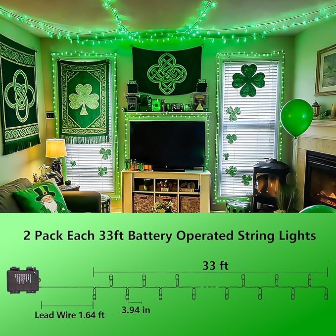 YEGUO Christmas Lights Battery Operated, 2 Pack Each 33ft 100 LED Green String Lights Outdoor Waterproof, Green Wire Fairy Christmas Light Indoor with Remote