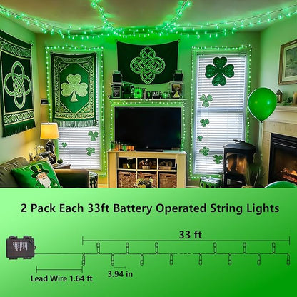 YEGUO Christmas Lights Battery Operated, 2 Pack Each 33ft 100 LED Green String Lights Outdoor Waterproof, Green Wire Fairy Christmas Light Indoor with Remote