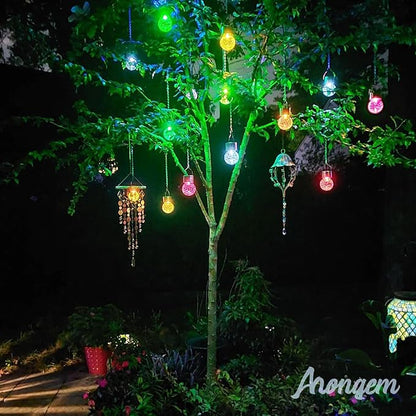 Solar Hanging Lanterns Outdoor: 12 Pack Cracked Glass Ball Lights with Hook - Waterproof Color Changing Globe Decorative Garden Tree Fence - Gardening Holiday Gifts for Women