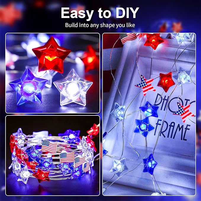 4th of July Independence Day Decorative Lights, Red White Blue 50 LED 16 FT Star-Shaped Patriotic Lights, USB Plug and Battery Powered Indoor-Outdoor Party Party (1 Pac)