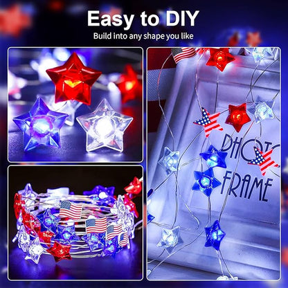 4th of July Independence Day Decorative Lights, Red White Blue 50 LED 16 FT Star-Shaped Patriotic Lights, USB Plug and Battery Powered Indoor-Outdoor Party Party (1 Pac)